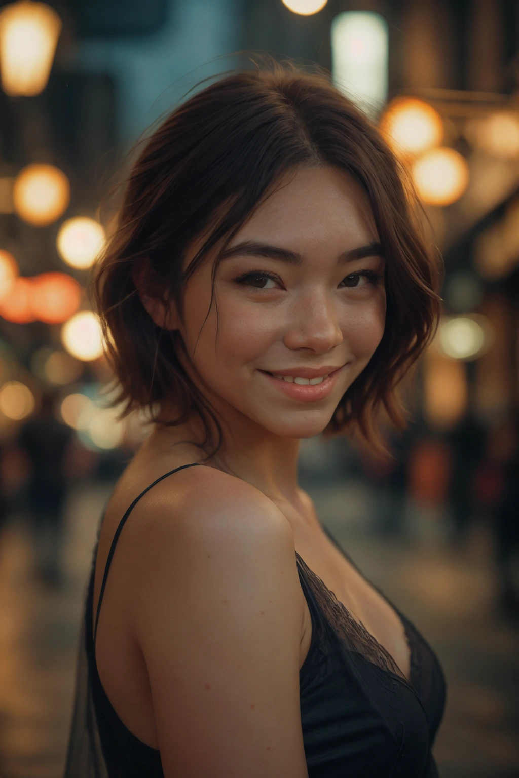 1girl,(RAW photo, best quality), (realistic, photo-realistic:1.4), masterpiece, an extremely delicate and beautiful, extremely detailed, 2k wallpaper, Amazing, finely detail, extremely detailed CG unity 8k wallpaper, ultra-detailed, highres, soft light, beautiful detailed girl, extremely detailed eyes and face, beautiful detailed nose, beautiful detailed eyes,cinematic lighting,perfect anatomy, (cabaret dress:1.3), bokeh, close up, (at a night downtown:1.3),looking at viewer, (hands behind back:1.2),
(smile:1.4), <lora:[ID]_-_IIG_Angie:.8> mt-angie <lora:eXcursion_Style_v0.3:.6> excursion-style, RAW candid cinema, 16mm, color graded portra 400 film, remarkable color, ultra realistic, textured skin, remarkable detailed pupils, realistic dull skin noise, visible skin detail, skin fuzz, dry skin, shot with cinematic camera