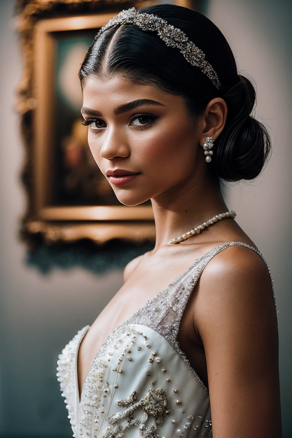 Zendaya_SoloTI_v1,
(In a flowing ivory gown with intricate lace details, paired with vintage pearl earrings, for a timeless and elegant look), (Amidst a grand museum exhibit, surrounded by ancient artifacts juxtaposed against modern art installations, an aura of grace and poise transcends time:1.3), (seductive:1.3),(analog, cinematic, film grain, hazy atmosphere, cinematic shot:1.3),
 <lora:add_detail:0.6>,<lora:LowRa:0>, PA7_Portrait-MCU,