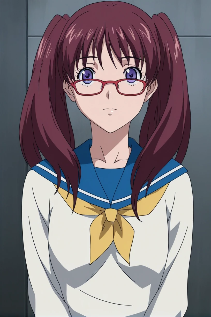 best quality,masterpiece,looking at viewer,absurdres,1girl,score_9,score_8_up,score_7_up,source_anime BREAK <lora:010-é£è½®å°å¹´-é山鿿ªXLV1:0.8>,noyamano ringo,red hair,purple eyes,glasses,long hair,twintails,red-framed eyewear,school uniform,serafuku,