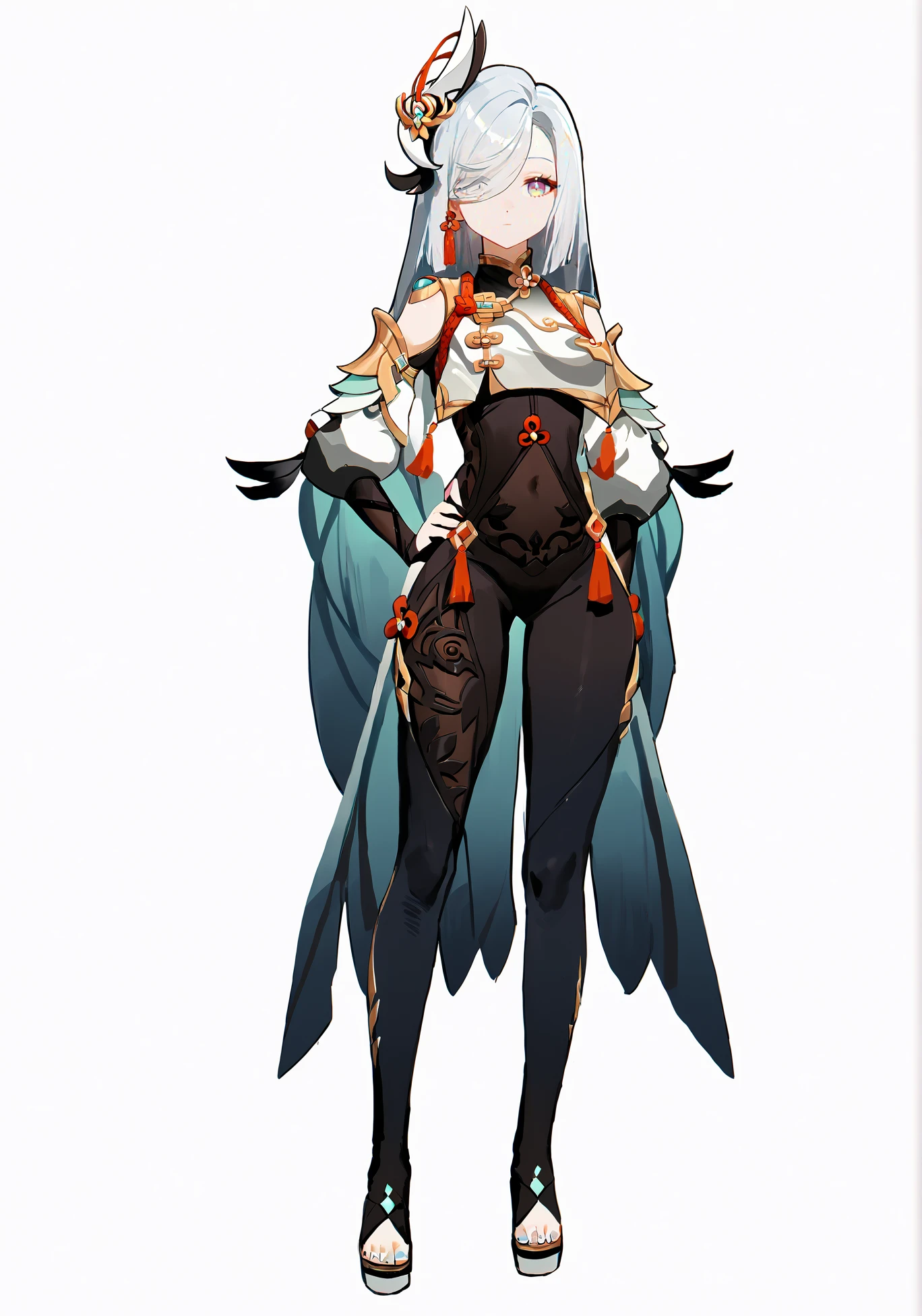score_9, score_8_up, score_7_up, score_6_up, 8k,
8k, best quality, masterpiece, (ultra-detailed:1.1), (high detailed skin),
(full body), white background, standing, looking at viewer, (solo), hand on hip,
<lora:ganshenxianre-pony-Tanger-000003:0.8>, shenhe \(genshin impact\), Shenhe's def clothes,1girl, long hair, hair over one eye, hair ornament, bodysuit,
(beautiful_face), ((intricate_detail)), clear face,
((finely_detailed)), fine_fabric_emphasis,
((glossy)), full_shot, <lora:agm-artist-richy-v1_pdxl:0.7>,
