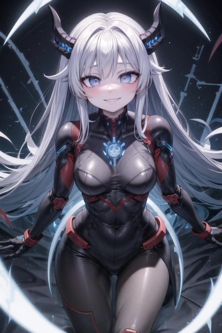 masterpiece,best quality,1girl,citrine,pale skin,twintails,grey hair,very long hair,collar,bodysuit,orange eyes,(glowing eyes),(energy glowing),glowing trim clothes,large breasts,wide hips,expressionless,standing,spacecraft interior,science fiction,cowboy shot,(dutch angle:1.2),<lora:CHAR-Warframe-Citrine-v2-True_Might:0.6>,