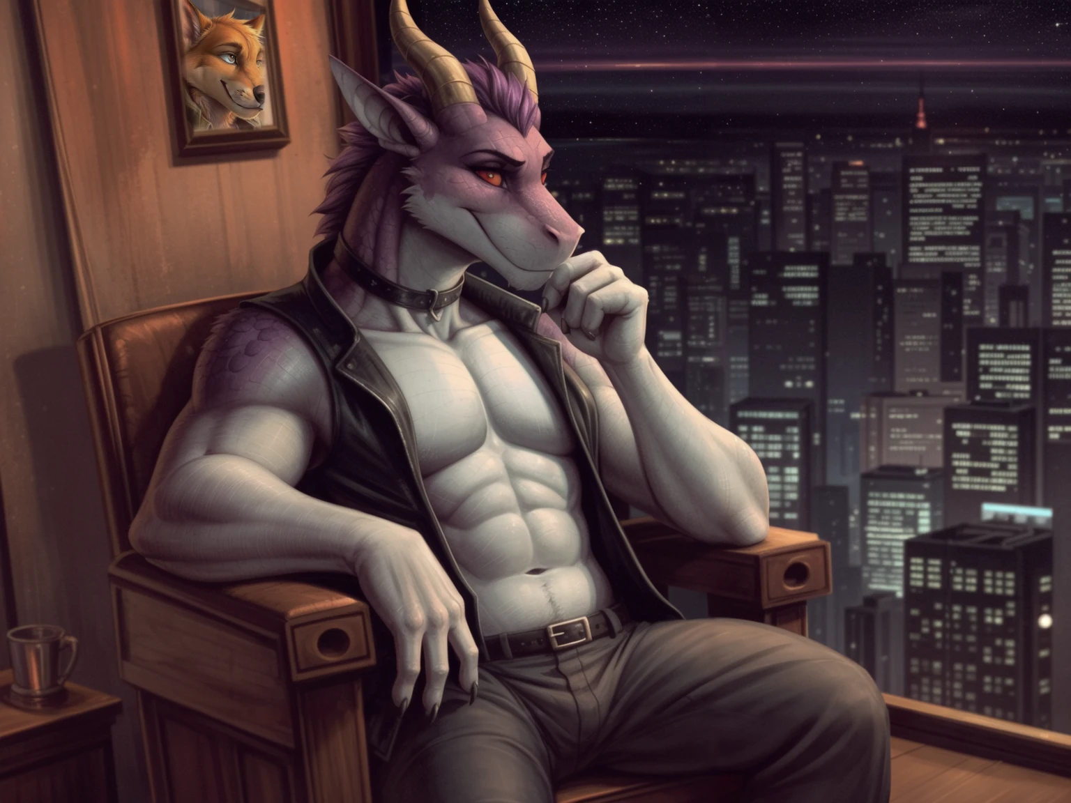 solo, close-up portrait, muscular male focus, dragon, red eyes, eyeliner, curved horns, choker, white belly, finger claws, vest, sitting on chair, looking away, cityscape, black, red, purple, night, by dramamine, by einshelm, by ruaidri <lora:Hyper-SD15-1step-lora:0.6>