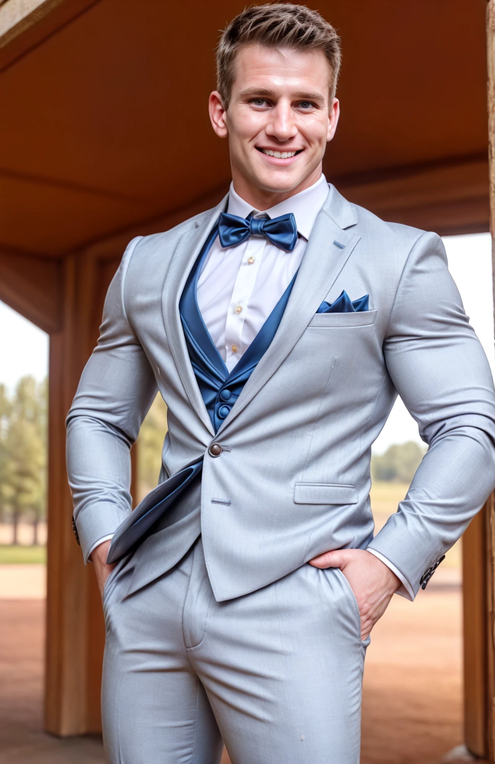 (face focus). <lora:BulkedUpAIR1.5:0.1>, (masculine:1.4), at outdoor sunny wedding, ((muscular man wearing designer formal suit)), sexy pose:1.0, confident, handsome, (((masterpiece))), (((best quality))), <lora:more_details:0.5>, (hands on waist), male, athletic, looking at viewer, smile, big pecs:1.2, <lora:AdamKinzingerUSA (1):1>, AdamKinzingerUSA,