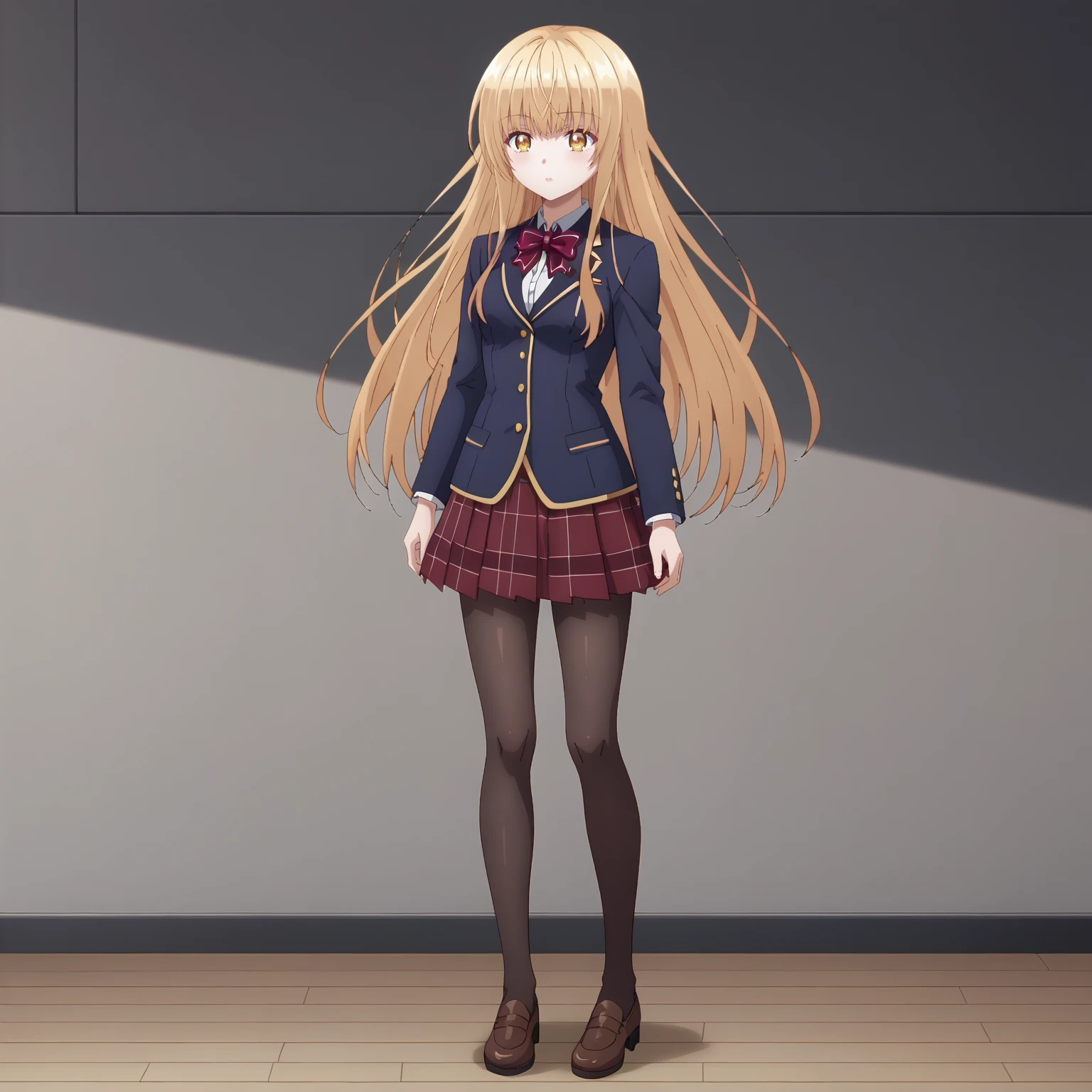 <lora:MahiruShiinaXLpony001>,
solo,
MahiruShiina,1girl,blonde hair,long hair,yellow eyes,
blue blazer,red bowtie,
plaid skirt,
black_pantyhose,
full body,standing,
