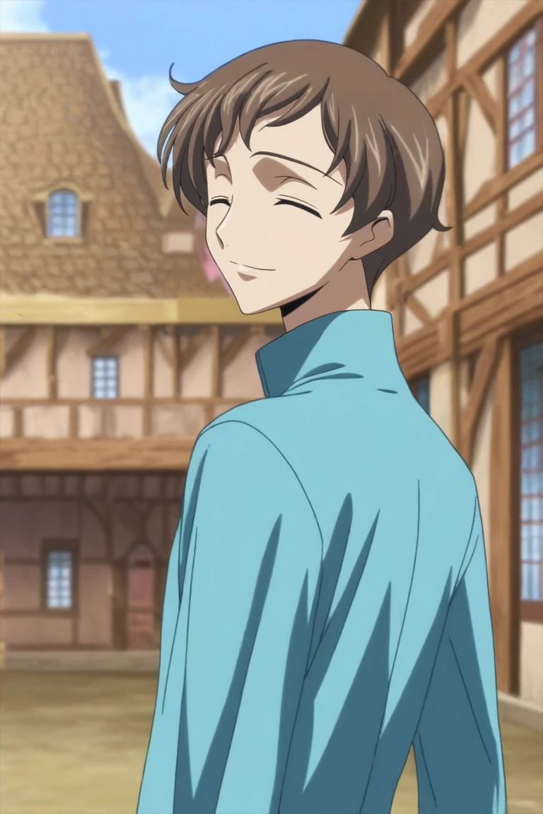 score_9, score_8_up, score_7_up, source_anime, rating_safe, , anime screencap, , official style, looking at viewer, depth of field, 1boy, solo, male focus, <lora:rolo_lamperouge_pony:0.84>, rolo_lamperouge, brown hair, purple eyes, short hair, cowboy shot, town, suburbs, day, sunny, looking back, (closed eyes:1.2), smile, day of the dead costume, <lora:sdxl_lightning_8step_lora:1>