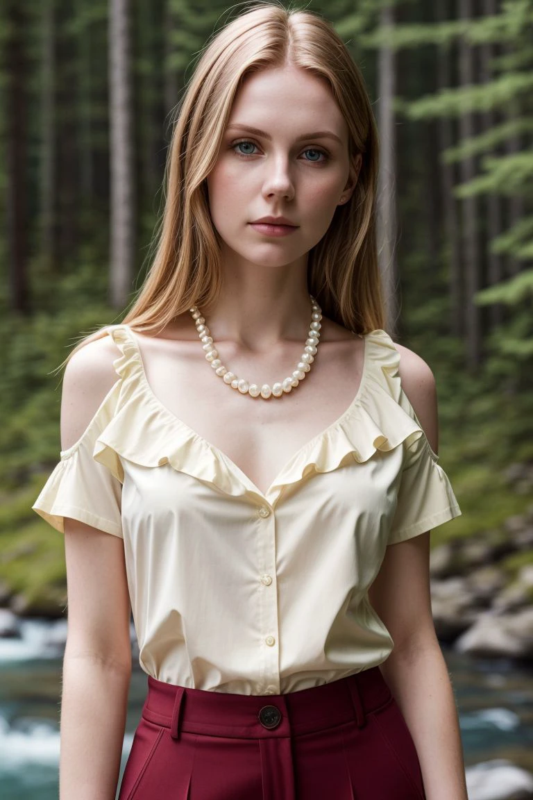European woman, closeup, (shirt), pants, (banff national park), pearl necklace , ZM_kim, wide shoulders, perfect face, (contact iris: 1.1), pale skin, skin pores , depth of field