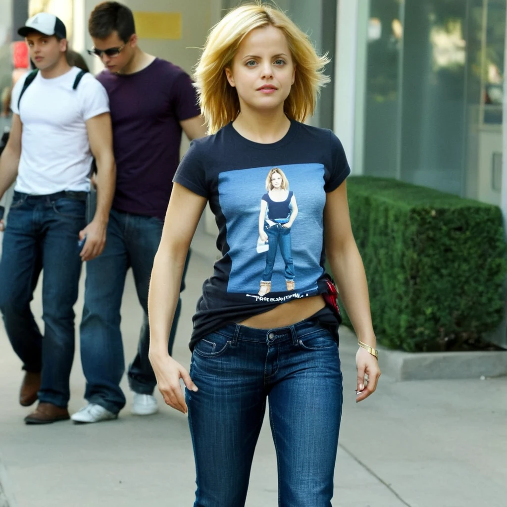 young menasuvari <lora:MenaSuvari-000002:1> jeans and tshirt