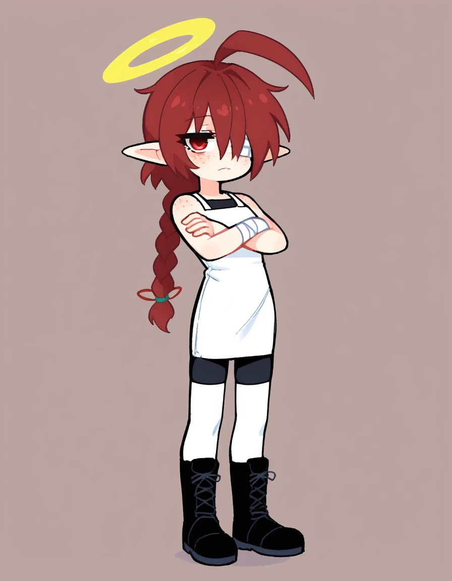 zPDXL, score_9, score_8_up, score_7_up, source_anime, BREAK
1girl, solo, <lora:StickySweet-20:1>, <lora:Nullantwins:0.8> sketch, flat color, Lynn, red hair, red eyes, (bandage over one eye, hair over one eye), braided ponytail, halo, freckles, bags under eyes, jitome, ahoge, pointed ears, flat chest, white dress, crossed arms, black boots, bike shorts, white thighhighs, skindentation, looking at viewer, :<,