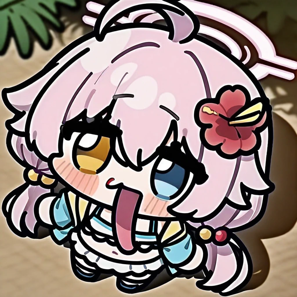 chibi, tongue out, long tongue, full body,(masterpiece),(best quality),solo, red flower, 1girl, hoshino (blue archive), flower, blue jacket, hoshino (swimsuit) (blue archive), hair ornament, white bikini, frilled bikini, heterochromia, swimsuit, twintails, long hair, ahoge, yellow eyes, bikini, navel, halo, blush, looking at viewer, jacket, frills, low twintails, blue eyes, open mouth, pink hair, collarbone, hair between eyes, hair bobbles, outdoors, long sleeves, hair flower, official alternate costume, hibiscus, open clothes, blurry