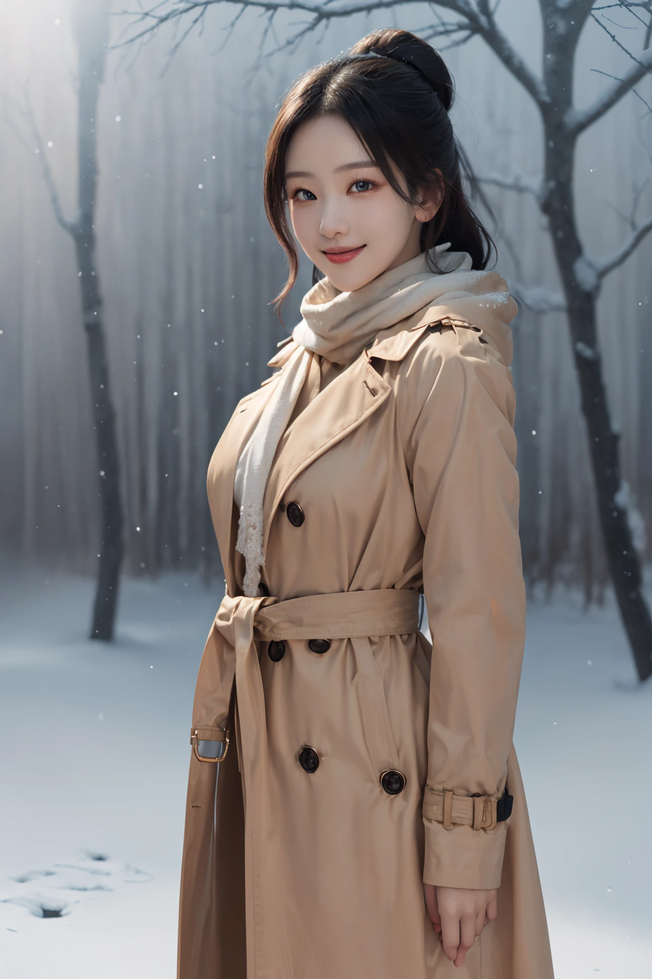(4k, best quality, highres, absurdres, masterpiece:1.21), (realistic:1.331), detailed and intricate,
cinema light, (authentic skin texture:1.3),
1girl, perfect body, medium breasts, shiny skin,
light smile, arms behind back,
scarf, trench_coat,
chinese style architecture, snowing, snowflakes, winter, lamp,
<lora:add_detail:0.3>, <lora:girlslike_cdl2:0.8>