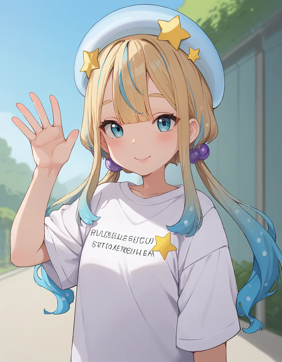 score_9, score_8_up, score_7_up, BREAK ,rating_explicit,
1girl,solo <lora:jelee-chan CAME:1> jeleechan, multicolored hair, blue hair, hat, long hair, blue eyes, blonde hair, twintails, bangs, hair ornament, star (symbol), beret,
white t-shirt,smile,waving,outdoors,happy