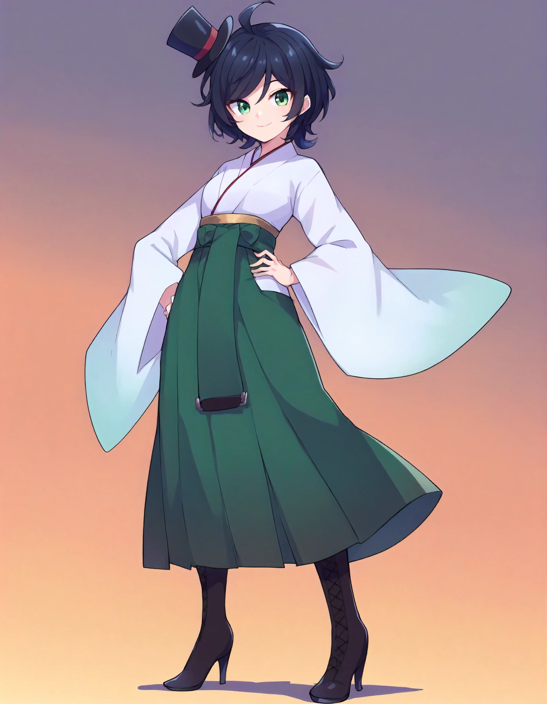 score_9,score_8_up,score_7_up,source_anime,
1girl,solo,full body,hand on hip,looking at viewer,smile,front view,
<lora:matsukaze_ponyXLV6:0.7>,kcmtkz,black hair,short hair,wavy hair,swept bangs,ahoge,
green eyes,mini top hat,japanese clothes,
white kimono,green hakama skirt,black lace-up boots,high heels,simple background