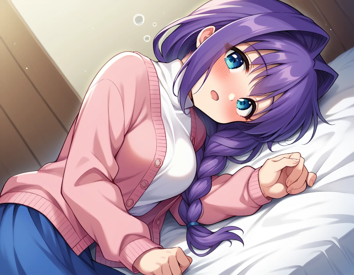 score_9, score_8_up, score_7_up, source_anime,
akikominase, <lora:akiko-minase-ponyxl-lora-nochekaiser:1>,
akiko minase, braid, braided ponytail, hair intakes, hair over shoulder, long hair, single braid, purple hair, blue eyes,
cardigan, long sleeves, pink cardigan, long sleeves, turtleneck, shirt, white shirt, skirt, blue skirt,
indoors, bed, bed room, on side, blush, drunk,
solo, looking at viewer, cowboy shot, dutch angle,