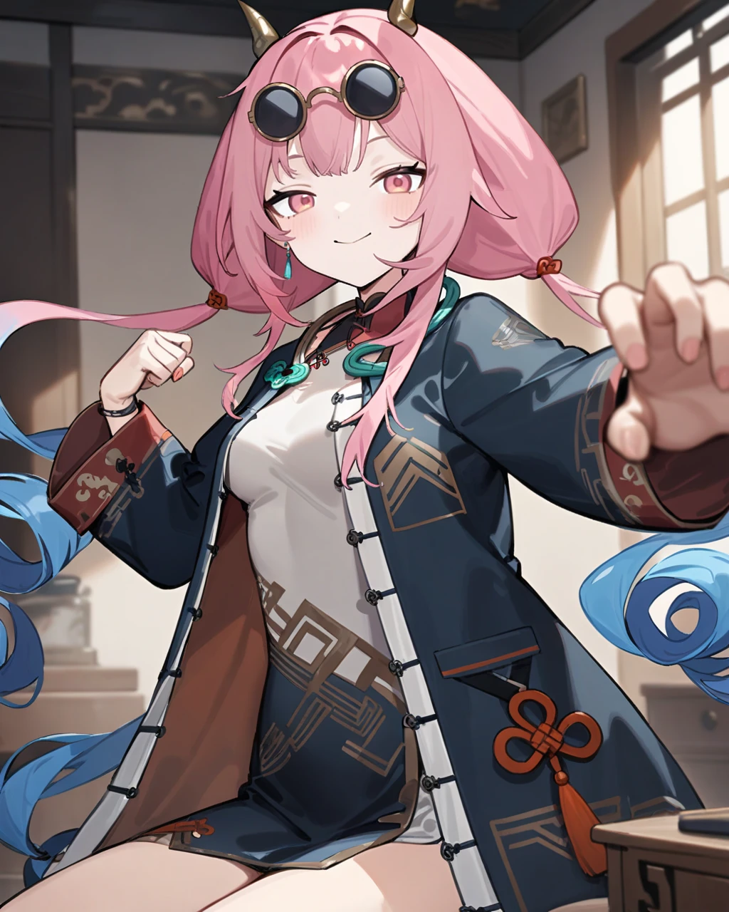 masterpiece,best quality,bedroom,sitting,looking at viewer,punching towards viewer,smile,cowboy shot,
<lora:jinlang_xl:0.9>,jinglang,1girl,solo,eyewear on head,horns,pink hair,pink eyes,multicolored hair,blue hair,dress,twintails,long hair,sunglasses,long sleeves,jewelry,dress,gradient hair,chinese clothes,round eyewear,earrings,