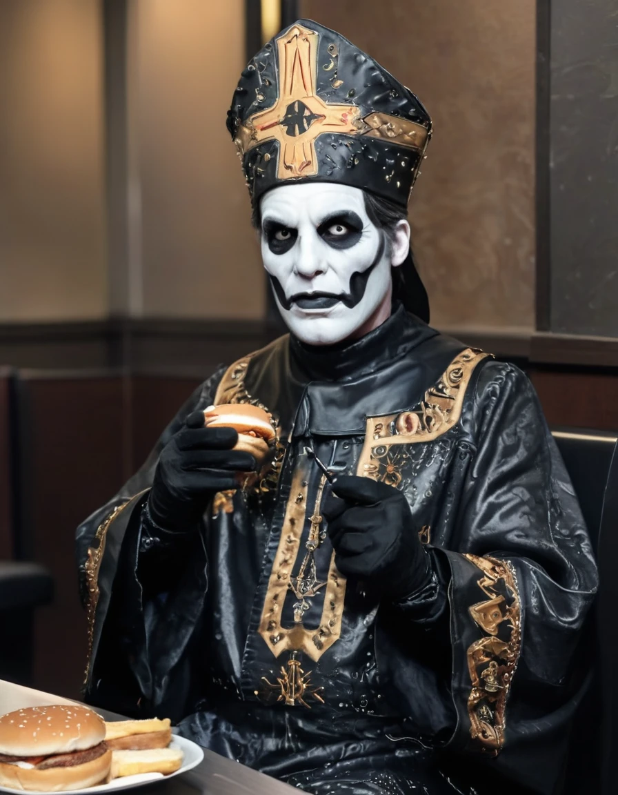 ornamental mitre,  facepaint, ornamental robe, black gloves male, sitting at mcdonald's, interior, eating a hamburger