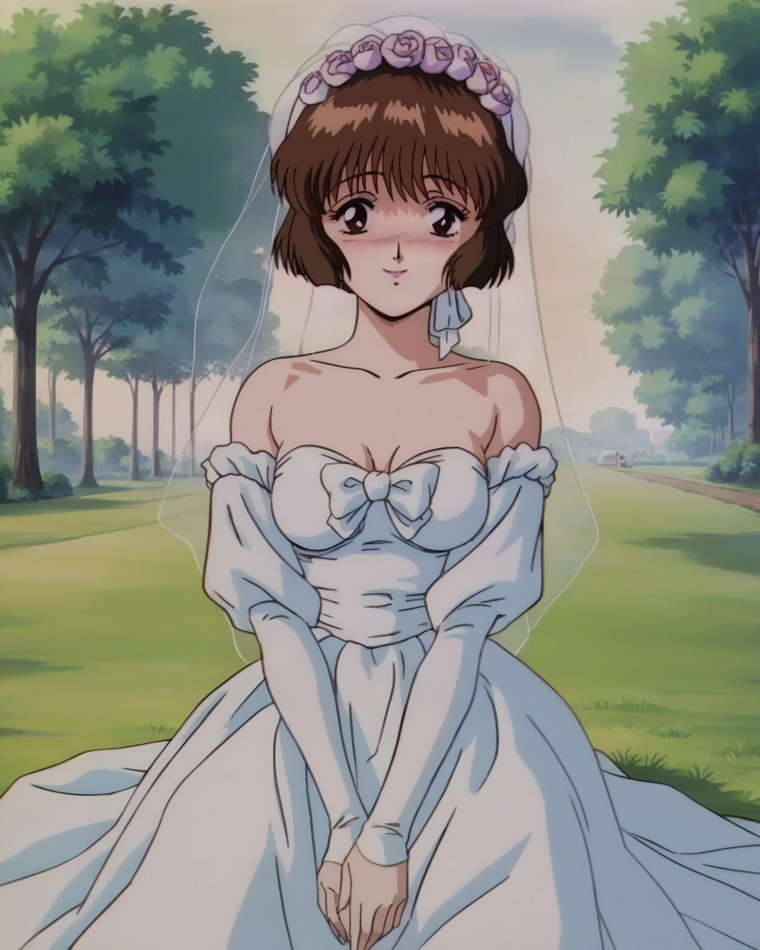 <lora:akemitakase_pny:0.75> akemitakase, 1gir, brown hair, short hair, bob cut, brown eyes, medium breasts, wedding dress, bare shoulders, source_anime, anime screencap, retro artstyle,  outdoors, grass, tree, park, lights shafts, smile, (sitting, on ground, looking at viewer, blush:1.2),, score_9, score_8_up, score_7_up, score_6_up, score_5_up, score_4_up, ponypositive,