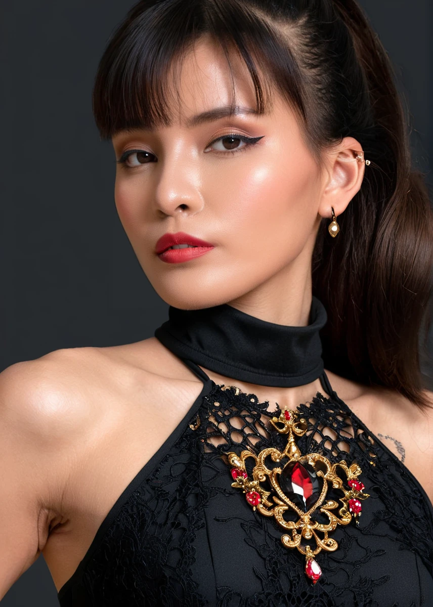 Advertising poster style, captivating masterpiece of an woman with black hair in a ((((neckholder dress with turtleneck)))) ,long earrings, necklace, half body, The intricate lace and gold details exude a very rebellious aura. ((The use of high-shine gloss adds a touch of glamour to the look)), ((while the deep red and black hues give it a dramatic vibe)), blurred background, studio ligthing, facing camera, shallow depth of field, <lora:MS_Oopeve_V1_SDXL:0.8>, glamorous hairstyle, elaborate necklace, long earrings, modern, product-focused, commercial, eye-catching, dark background, highly detailed