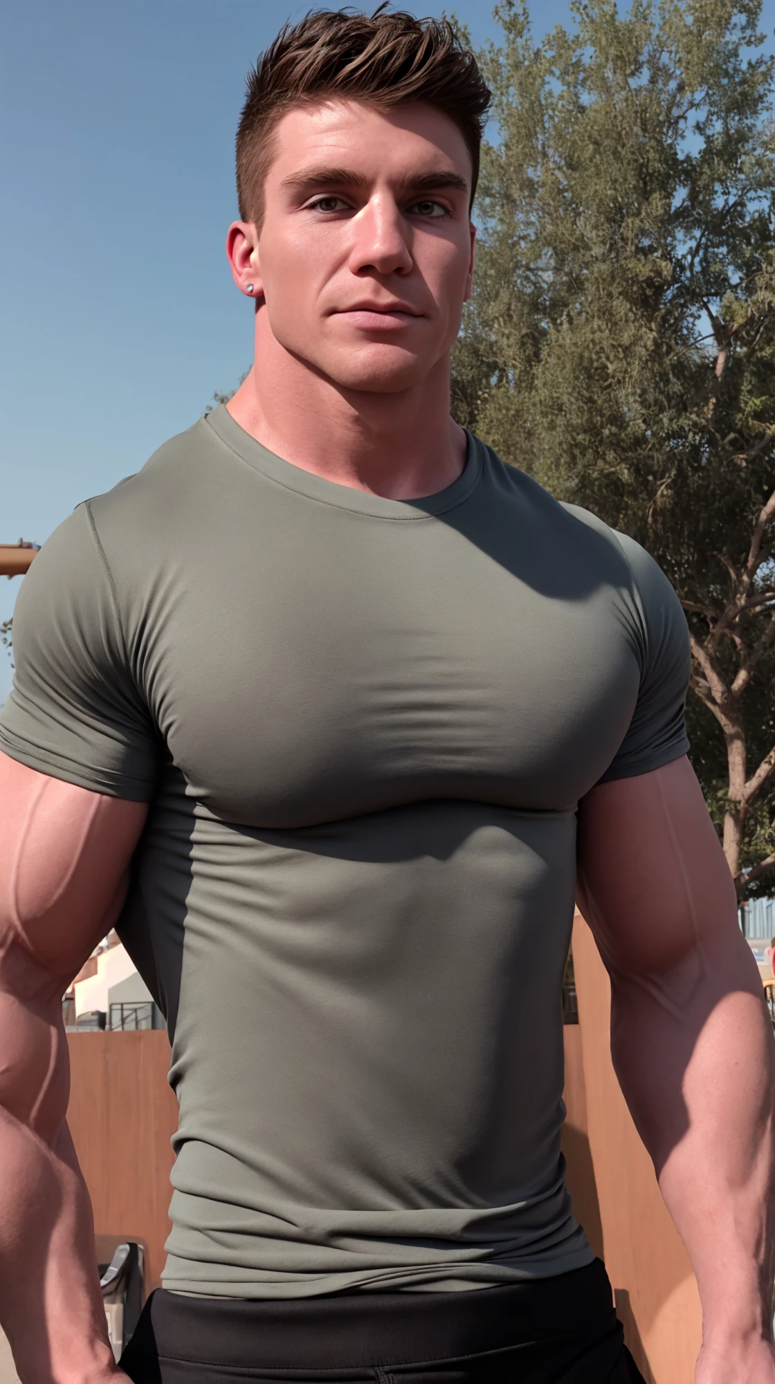 (face focus). (masculine:1.3), (large strong physique:1.2), at outdoor sunny park, (muscular man wearing tight tshirt :1.3), sexy pose:1.0, styled hair, confident, handsome, (((masterpiece))), (((best quality))), (hands on waist), male, athletic, looking at viewer, (short hair), lower color saturation:1, lower contract color:1, <lora:JeffNielsXXX (1):1>, JeffNielsXXX