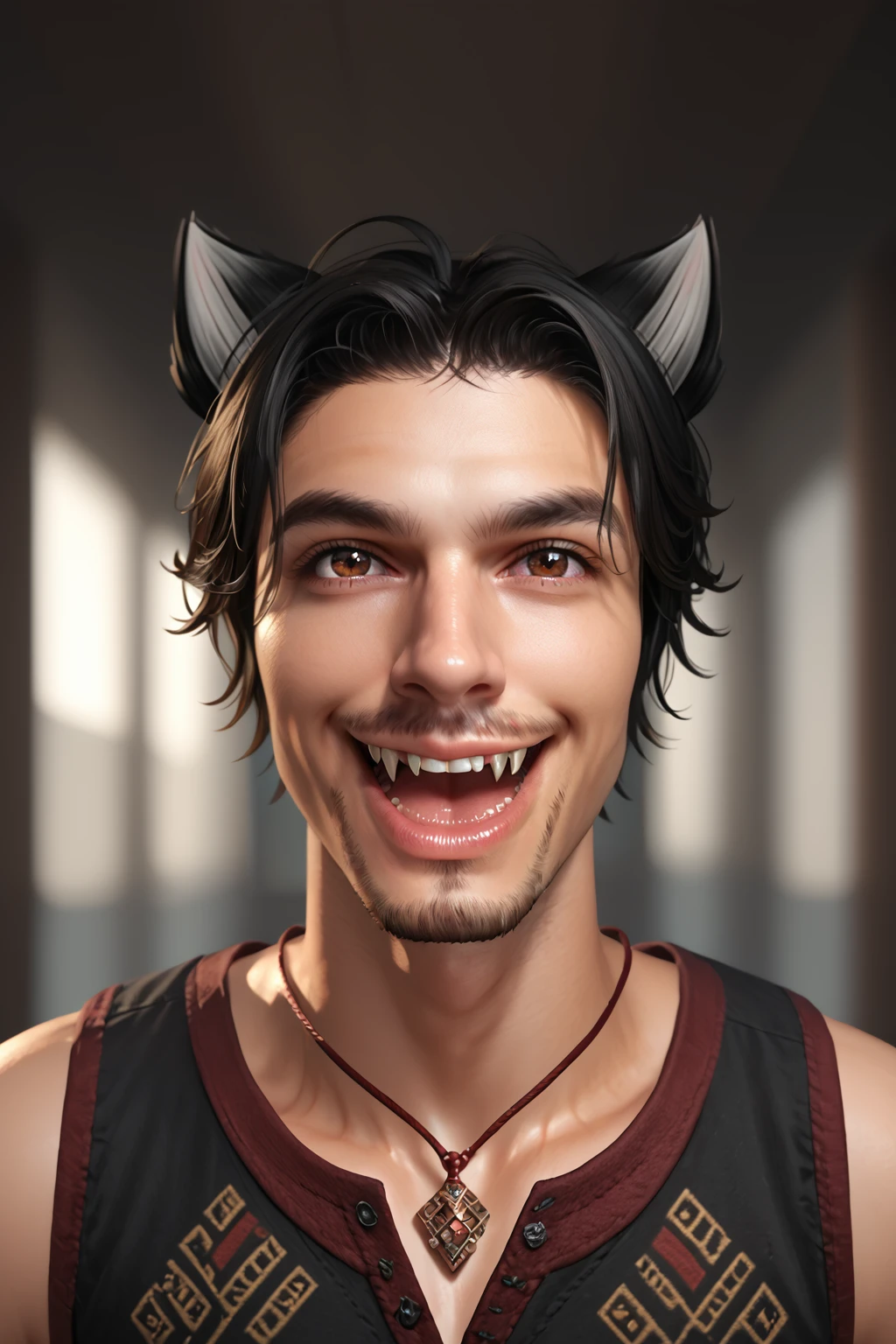 Liam David Kilkenny,  solo,  looking at viewer,  smile,  open mouth,  black hair,  1boy,  animal ears,  brown eyes,  jewelry,  male focus,  cat ears,  necklace,  blurry,  facial hair,  fangs,  parody, <lora:Liam_David_Kilkenny:0.8> PonyXLV6_Scores