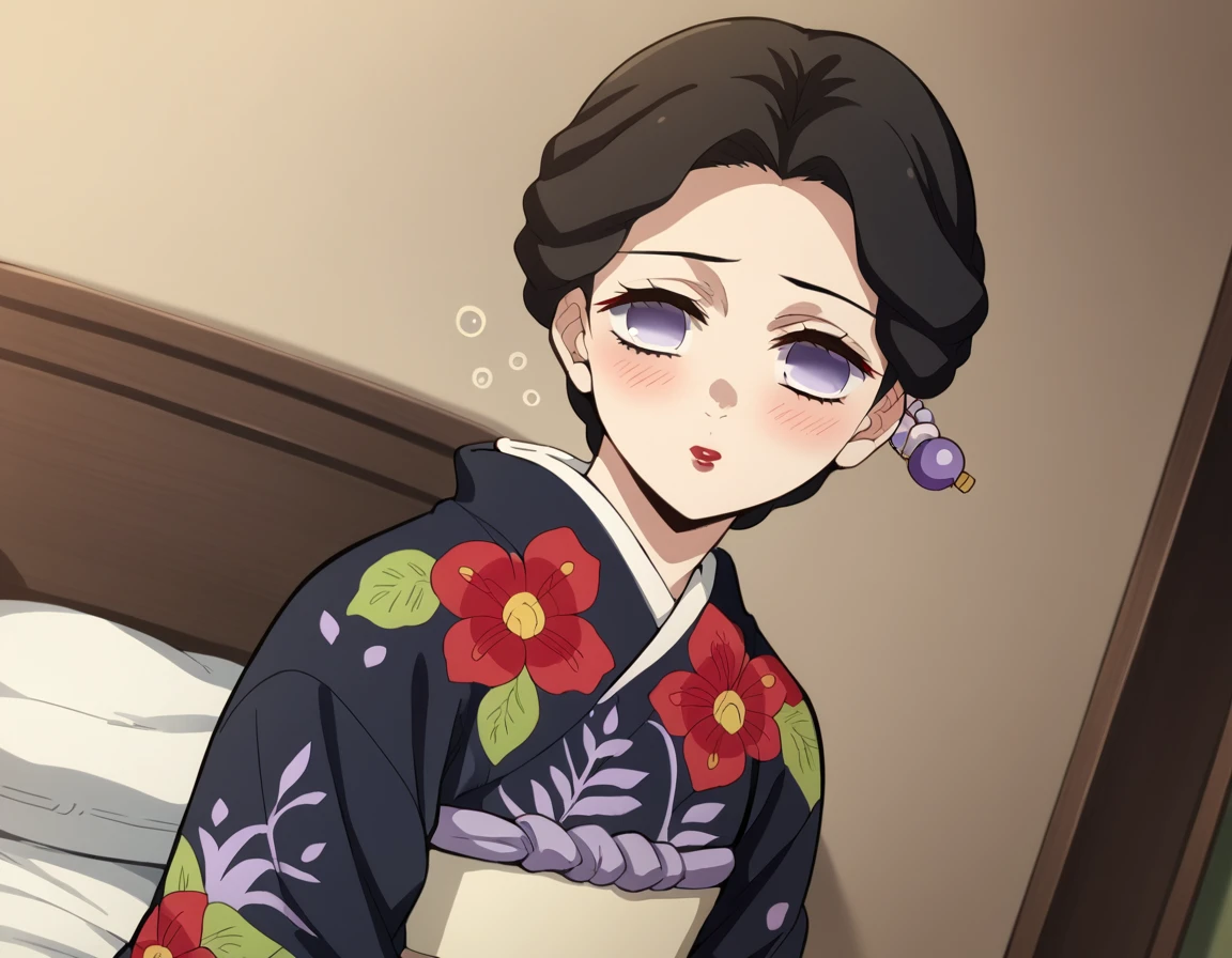 score_9, score_8_up, score_7_up, source_anime,
knytamayo, <lora:kny-tamayo-anime-ponyxl-lora-nochekaiser:1>,
tamayo, black hair, hair ornament, purple eyes, empty eyes, short hair, makeup, lipstick, red lips,
long sleeves, flower, japanese clothes, wide sleeves, kimono, sash, obi, floral print, print kimono, black kimono,
indoors, bed, bed room, on side, blush, drunk,
solo, looking at viewer, cowboy shot, dutch angle,