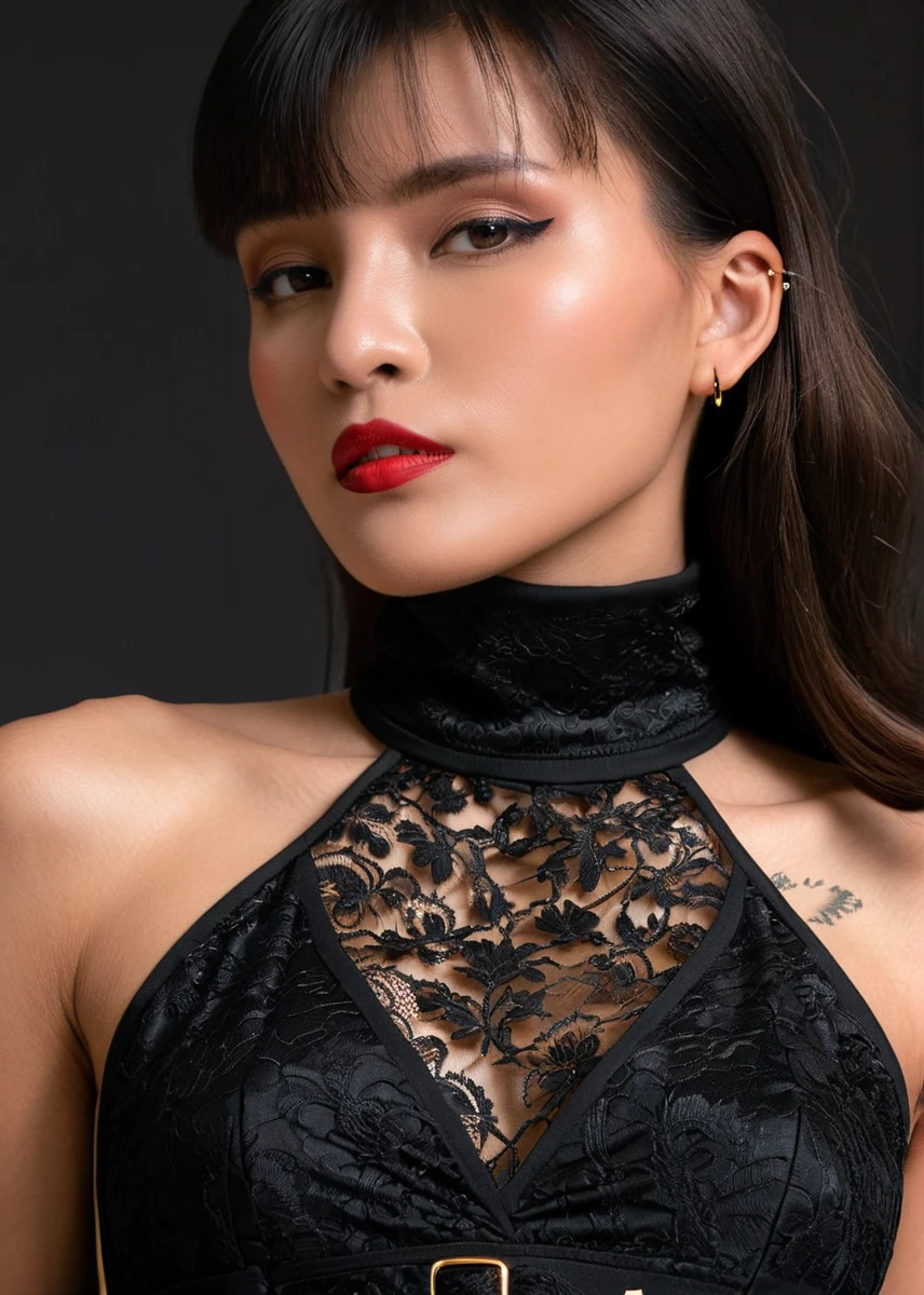 luxury product style, captivating masterpiece of an woman with black hair in a ((((neckholder dress with turtleneck)))) ,long earrings, necklace, half body, The intricate lace and gold details exude a very rebellious aura. ((The use of high-shine gloss adds a touch of glamour to the look)), ((while the deep red and black hues give it a dramatic vibe)), blurred background, studio ligthing, facing camera, shallow depth of field, <lora:MS_Oopeve_V1_SDXL:0.8>, elegant, sophisticated, high-end, luxurious, professional, highly detailed