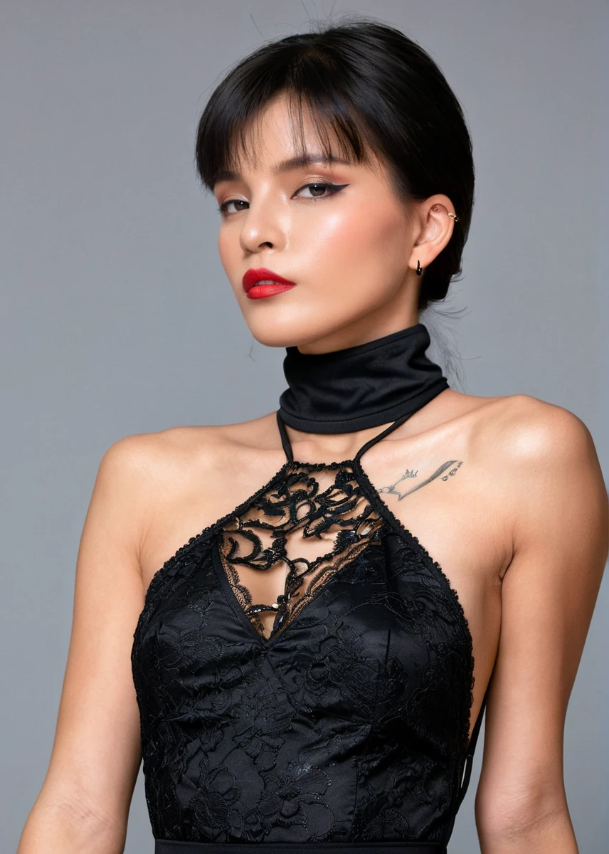 luxury product style, captivating masterpiece of an woman with black hair in a ((((neckholder dress with turtleneck)))) ,long earrings, necklace, half body, The intricate lace and gold details exude a very rebellious aura. ((The use of high-shine gloss adds a touch of glamour to the look)), ((while the deep red and black hues give it a dramatic vibe)), blurred background, studio ligthing, facing camera, shallow depth of field, <lora:MS_Oopeve_V1_SDXL:0.8>, elegant, sophisticated, high-end, luxurious, professional, highly detailed