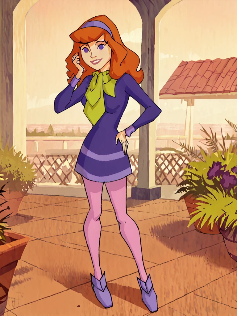 <lora:DaphneMysteryIPony1.0:1> daphneb, 1girl, solo, long hair, hairband, orange hair, purple dress, purple eyes, green scarf, smile, pink pantyhose, purple_footwear,, smile, outdoors, looking at viewer, hand on own hip,, score_9, score_8_up, score_7_up, score_6_up, score_5_up, score_4_up