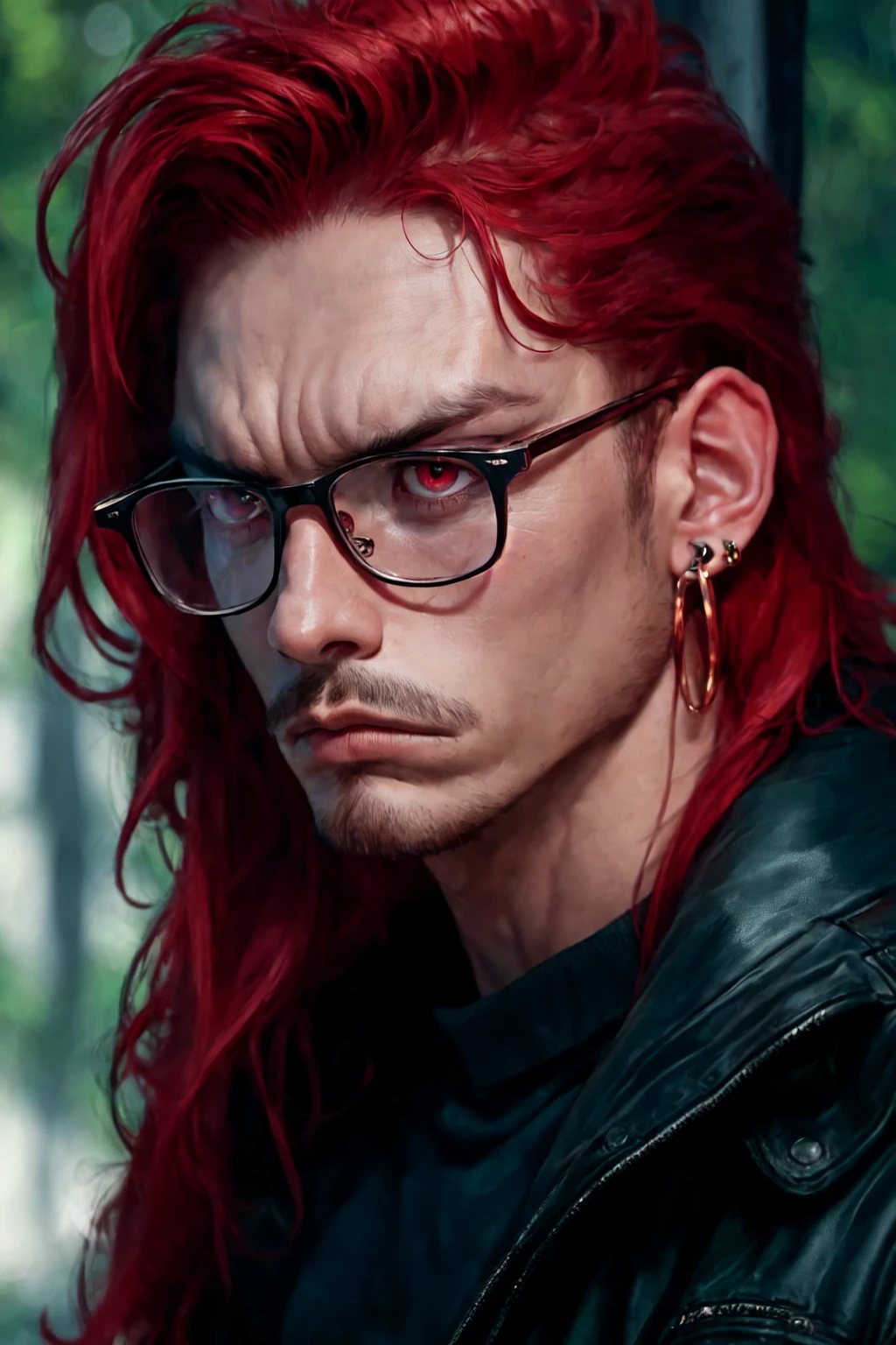 cbxzz, 1boy, male focus, solo, glasses, red eyes, earrings, jewelry, looking at viewer, bespectacled, red hair, long hair, outdoors, angry, facial hair, closed mouth, close-up, vibrant, vivid colors, enigmatic , masterpiece, best quality , <lora:Ceberus_OC_Lora_for_SD_1.5:0.5>