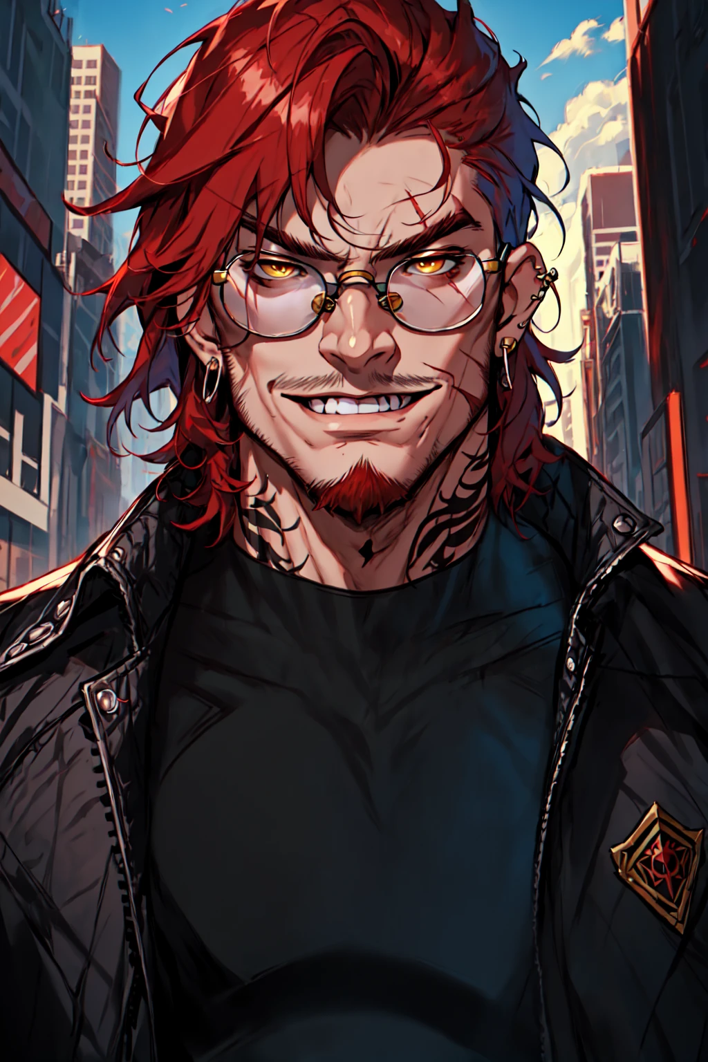 masterpiece, best quality, 1boy, bespectacled, red hair, bracelet, cbxzz, facial hair, fingernails, glasses, goggles, grin, jacket, jewelry, looking at viewer, male focus, solo, solo focus, mole, piercing, red eyes, scar, outdoors, tattoo, yellow eyes , <lora:Ceberus_OC_Lora_for_SD_1.5:0.8>