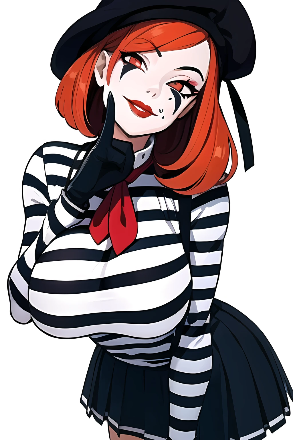 <lora:SC-Mime_Lora:0.9>, m1m3, 1girl, (neckerchief:0.5), stripped shirt, massive breasts, (suspenders:0.6), head tilt, leaning forward, finger on own cheek, smirk, pleated skirt, beret, gloves, night, streets, (painted face, black and white, red lips), cowboy shot, (best quality), (ultra-detailed), (best illustration)