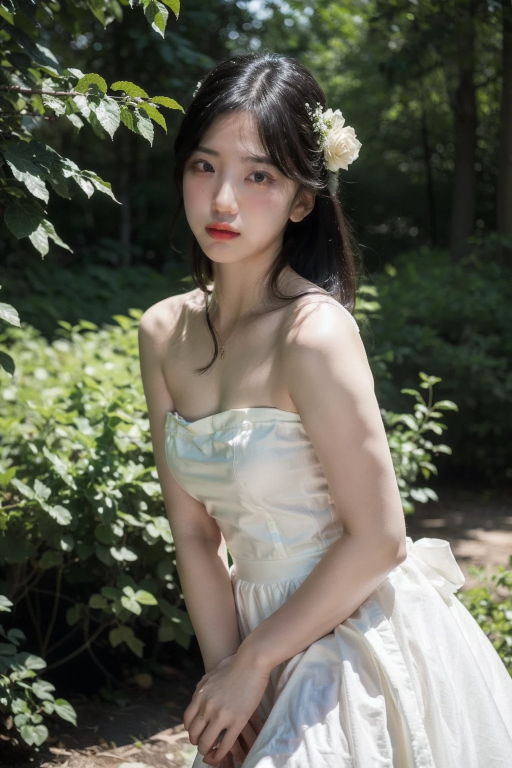 (realistic), (hyperrealism),best quality, masterpiece,ultra high res, (photorealistic:1.4),1girl,pale skin,skinny,(looking at viewer:2),forest, flowers, sunlight,
<lora:makina69_kimeunbyul_v1.0:1> , black wedding dress , bare shoulders, cowboy shoot,
