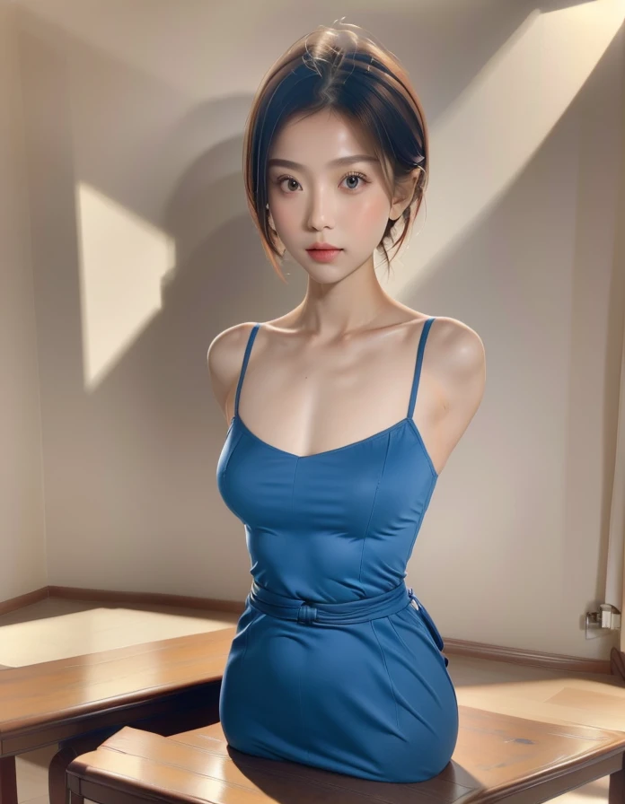 (limbless:1.1), full body,
(8k, best quality, masterpiece:1.2), (realistic, photo-realistic:1.37), front lighting,(bokeh:1.2),ultra high res, professional lighting, physically-based rendering,
one girl, 1girl, (solo:1.3), thin, (slim waist),
(beautiful face, beautiful eyes, perfect female figure),
wearing blue sundress with midi length, mouth closed, (shy),
(medium breasts:1.1378825074402998), (blank background:1.4),
short hair, red pixie cut with layered top,
<lora:limblessv55-34:0.7>