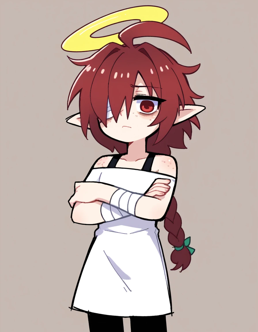 zPDXL, score_9, score_8_up, score_7_up, source_anime, BREAK
1girl, solo, <lora:StickySweet-20:1>, <lora:Nullantwins:0.8> sketch, flat color, Lynn, red hair, red eyes, (bandage over one eye, hair over one eye), braided ponytail, halo, freckles, bags under eyes, jitome, ahoge, pointed ears, flat chest, white dress, crossed arms, black leggings, looking at viewer, :<, portrait,