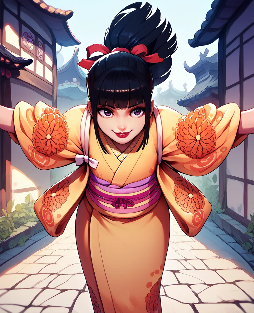 score_9,score_8_up,score_7_up,score_6_up,kikunojoxl,purple eyes,black hair,ponytail,bangs,kimono,village,smile,lipstick,red hair ribbon,
standing, outstretched arms, 
<lora:kikunojoxl:1>,