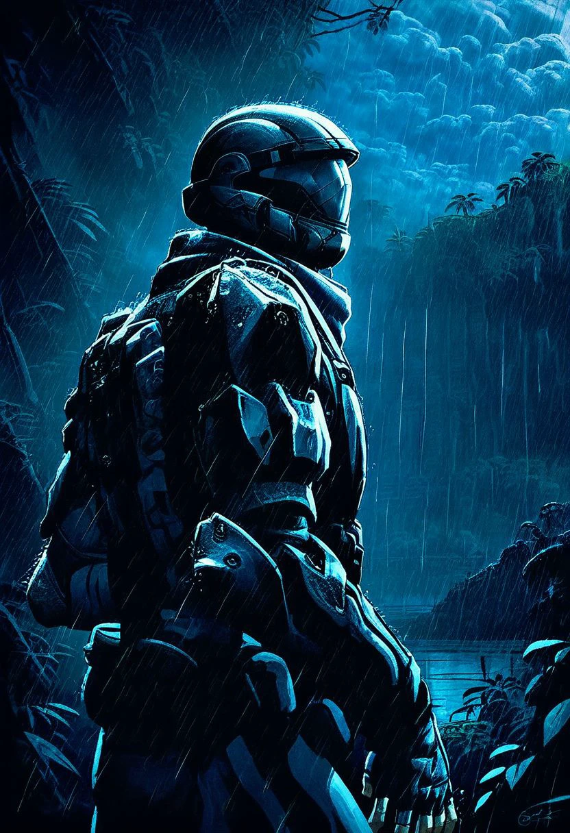 Score_9_up, score_8_up, score_7_up, 1man, solo, ODST, armor, scarf, helmet, fingerless gloves, assault rifle, jungle, rain forest, raining, swamp, daytime, sunrays