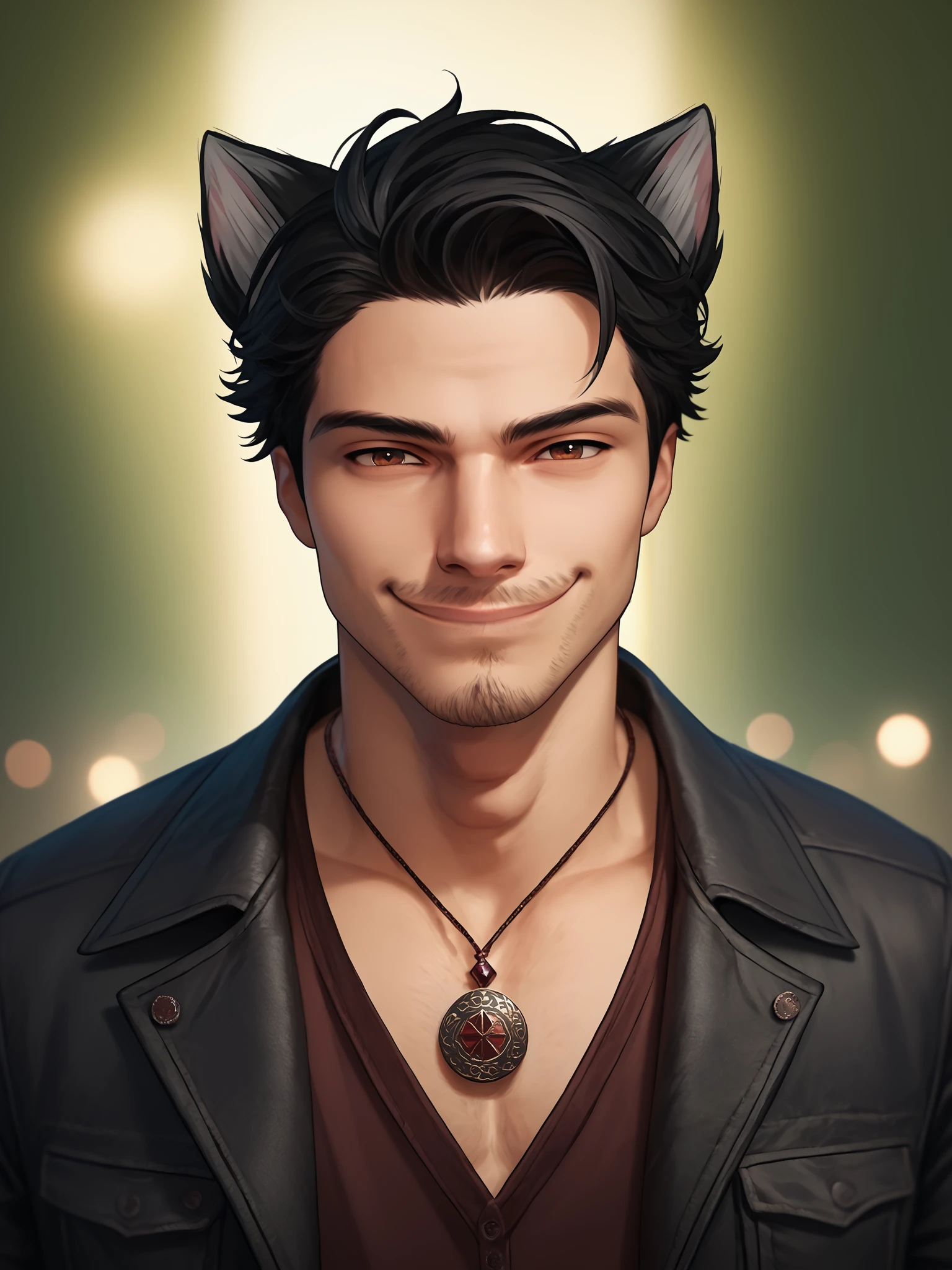 Liam David Kilkenny, solo, black hair, 1boy, animal ears, brown eyes, black jacket, jewelry, male focus, cat ears, necklace, facial hair, profile, smirk,  PonyXLV6_Scores, DynaPortrait_PDXL, <lora:Liam_David_Kilkenny:0.8>