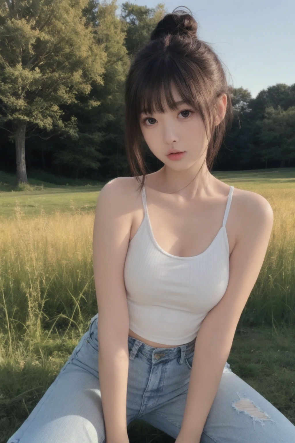 masterpiece, high quality,1girl, cowboy shot, tank top, skin tight, jeans, kneeling, outdoors, field,
<lora:ip-adapter-faceid-plusv2_sd15_lora:0.65> <lora:zmf_v1-000007:0.5>