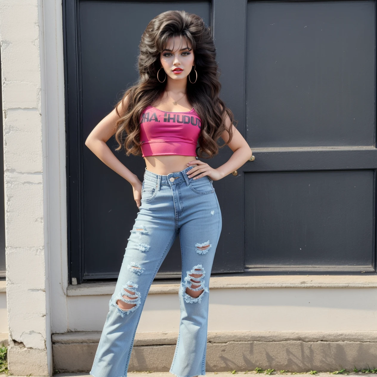 hud_am, 1girl, long big hair, makeup, lipstick, crop top, torn denim jeans, high heels, 1980s \(style\), realistic, <lora:anamoll:0.75>,