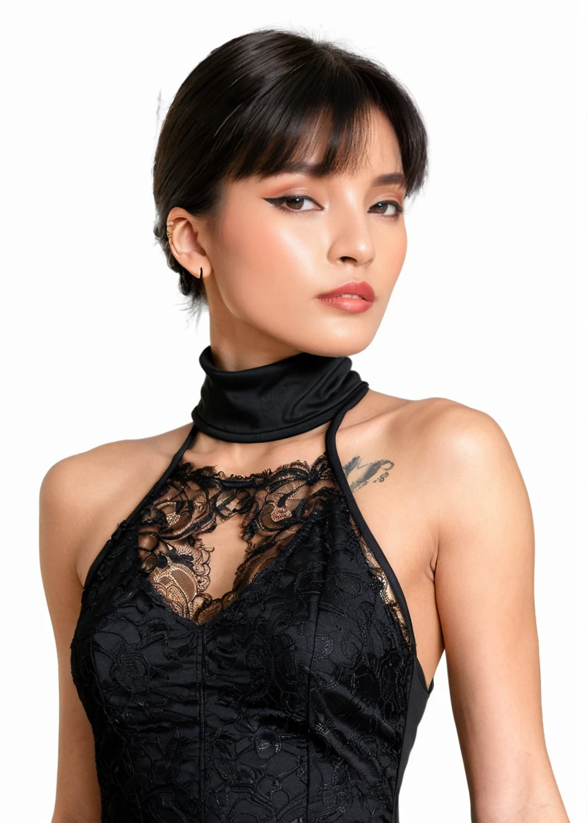 Character Design Sheet of captivating masterpiece of an woman with black hair in a ((((neckholder dress with turtleneck)))) ,long earrings, necklace, half body, The intricate lace and gold details exude a very rebellious aura. ((The use of high-shine gloss adds a touch of glamour to the look)), ((while the deep red and black hues give it a dramatic vibe)), blurred background, studio ligthing, facing camera, shallow depth of field, <lora:MS_Oopeve_V1_SDXL:0.8>, character reference sheet, character turn around