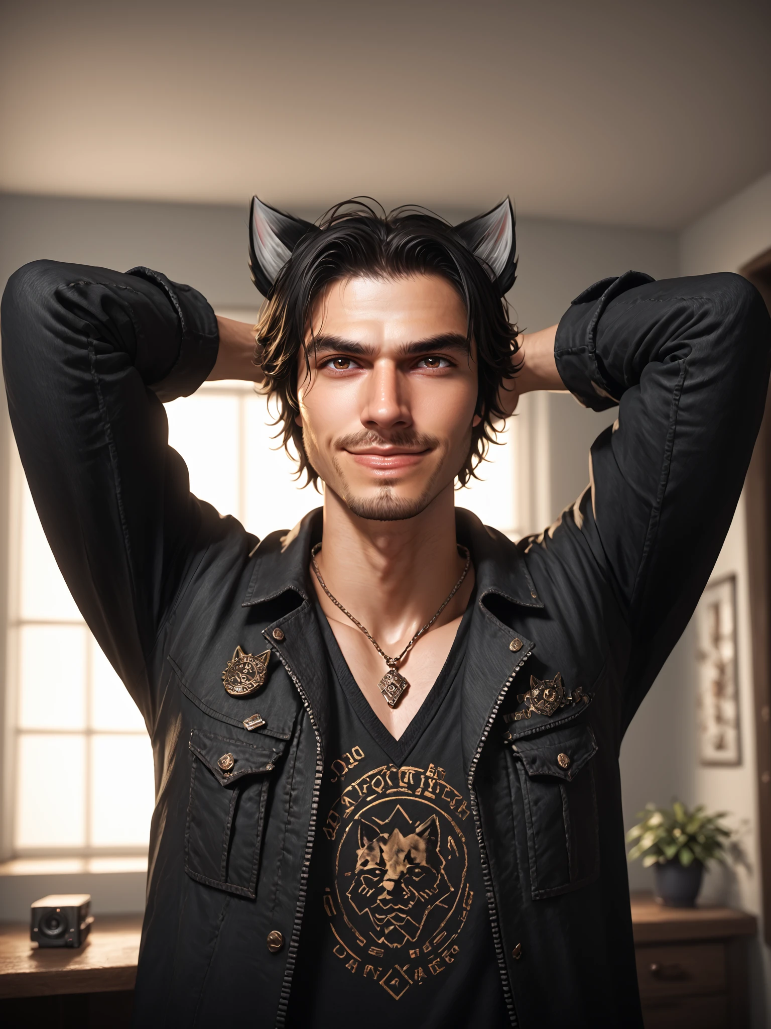 Liam David Kilkenny, solo, black hair, 1boy, animal ears, brown eyes, black jacket, jewelry, Hands behind head, closed mouth, male focus, cat ears, necklace, facial hair, smirk, indoors, dad vibes, PonyXLV6_Scores, DynaPortrait_PDXL, <lora:Liam_David_Kilkenny:0.65>