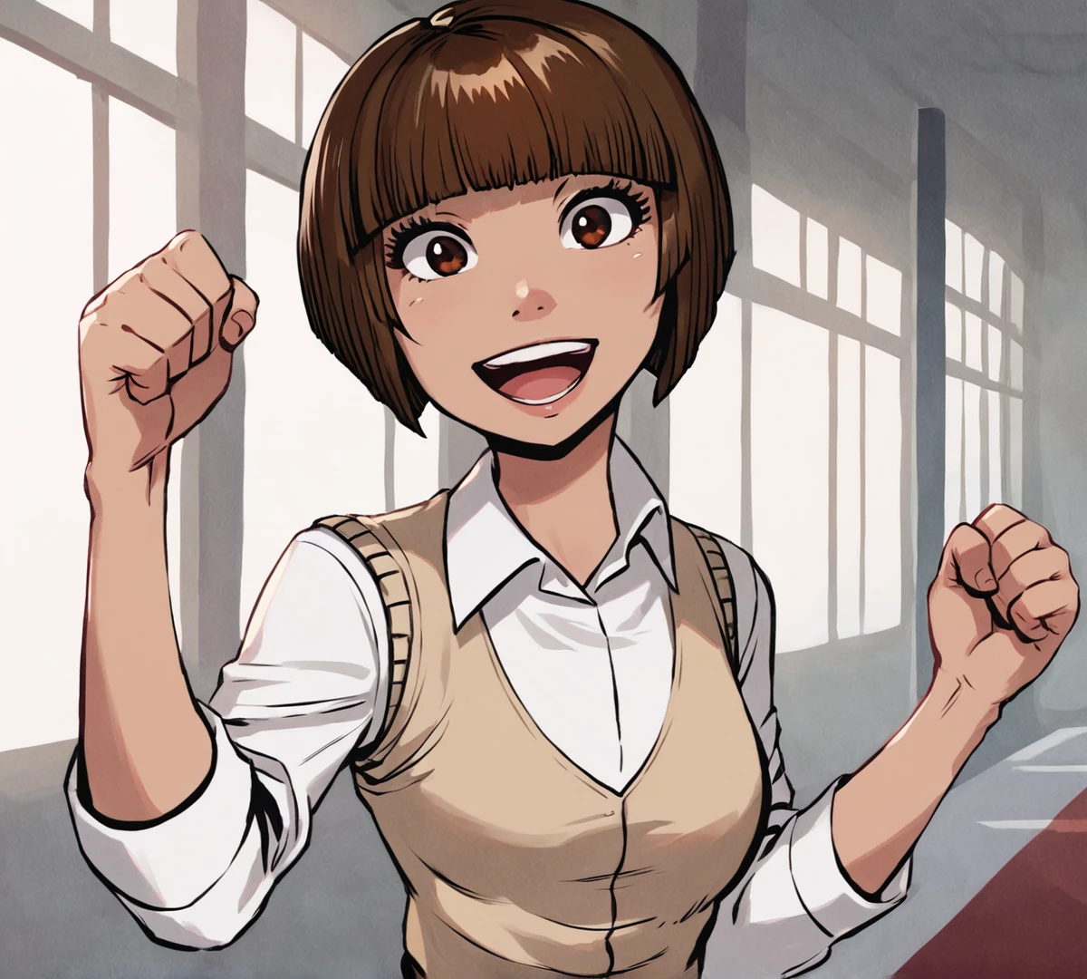 Paz, short hair, bob cut, zPDXL, best quality, amazing quality, score 9, 1girl, smile, clenched hands, waist up, indoors, school uniform, sweater vest, white shirt, open mouth, looking at viewer, <lora:Paz:1>