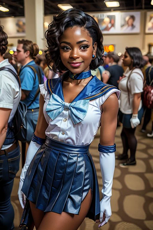 (masterpiece), best quality, expressive eyes, perfect face, highest quality, (masterpiece), best quality, expressive very dark brown skin, A Character turnaround of a 29-year-old Black American woman,mer1, tiara, dark blue bob hairstyle, perky smile, sailor senshi uniform, blue sailor collar, bow, knee boots, choker, white gloves, blue choker, elbow gloves, jewelry, earrings, blue skirt, at a crowded cosplay convention, multiple views of the same character in the same outfit, charturnerv2