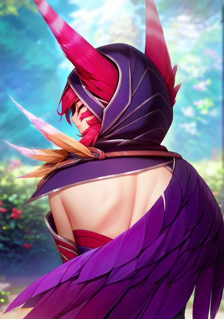 1girl, solo, xayah, hood, cloak,

close-up, (back focus:1.3), wings, 

best quality, masterpiece, (score_9), (score_8_up), source_anime, (anime), anime screencap, anime coloring,