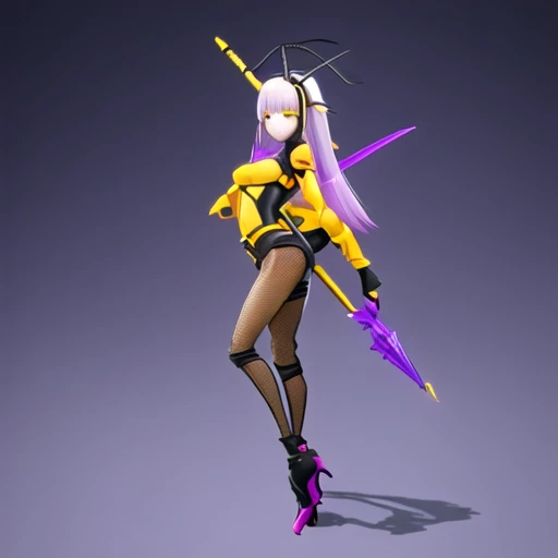 fishnets, antennae, looking at viewer, 1girl, purple hair, yellow eyes, holding polearm, polearm, full body, white hair