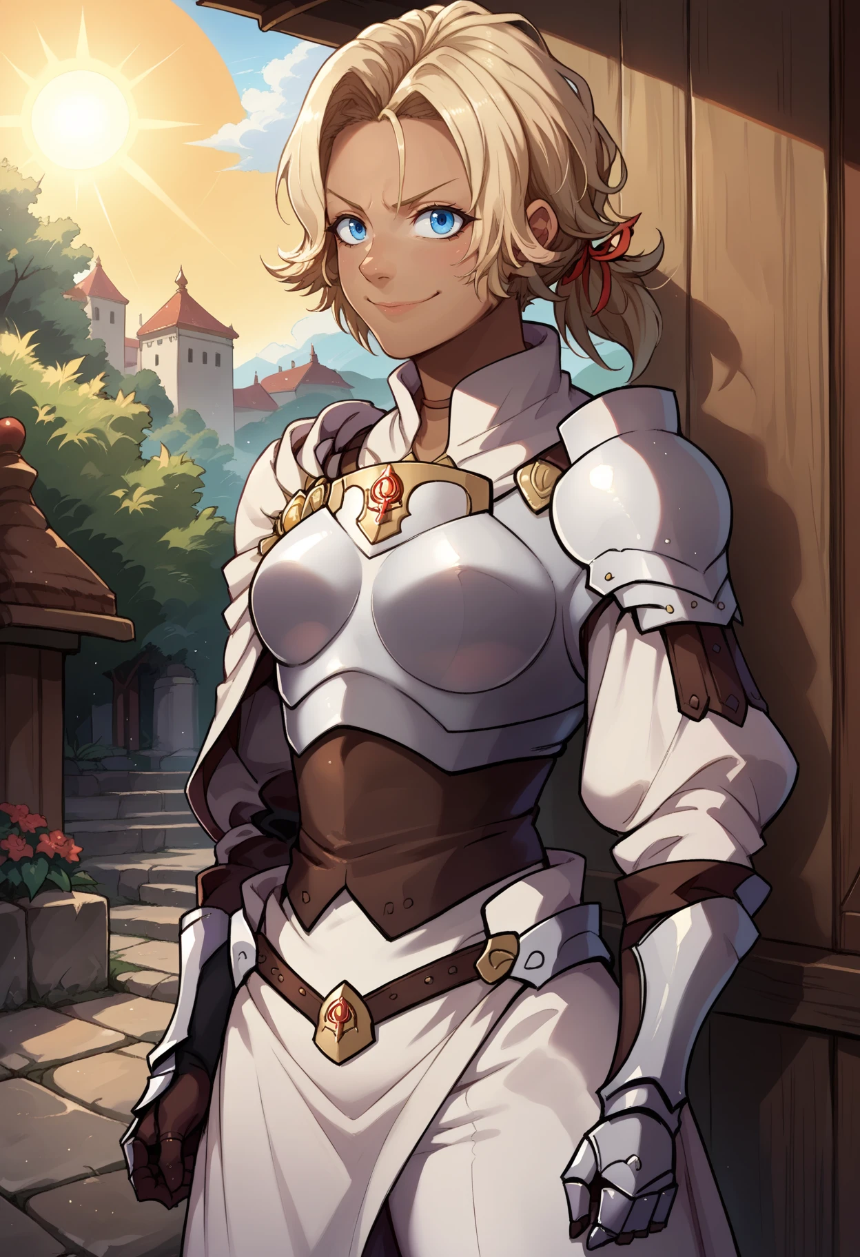 score_9, score_8_up,score_7_up, source_anime, 1girl, solo, <lora:EPfeCatherinePony:1>, EPfeCatherine, blonde hair, blue eyes, long hair, ponytail, parted bangs, hair ribbon, dark-skinned female, dark skin, smile, :3, detailed background, boobplate, boots , breastplate, gauntlets, knee pads , long sleeves, white capelet, puffy sleeves , shoulder armor, white pants, upper body, standing, outdoors, sky, sunlight, sun, sunbeam,