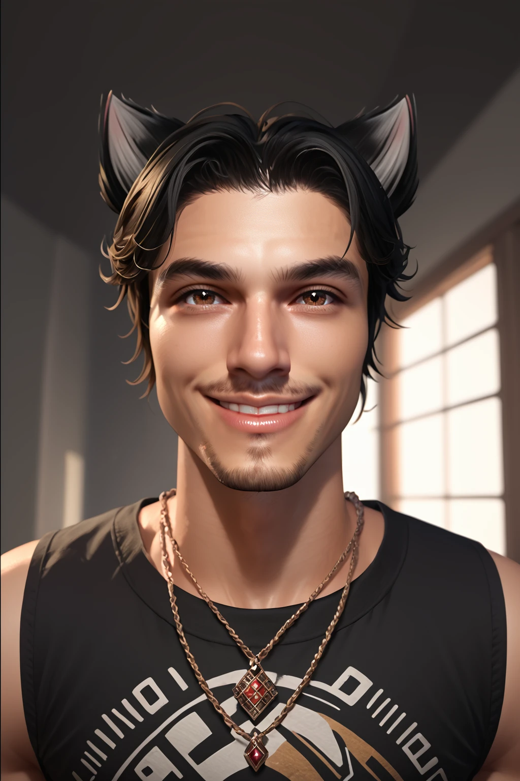 Liam David Kilkenny, solo, looking at viewer, smile, black hair, 1boy, animal ears, brown eyes, jewelry, male focus, cat ears, necklace, facial hair, PonyXLV6_Scores, <lora:Liam_David_Kilkenny:0.8>