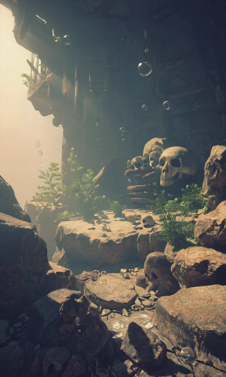 score_9, score_8_up, score_7_up, score_6_up, score_5_up, score_4_up, nierscene, scenery, sharp, detailed, bubble, skull, rock, underwater, air bubble, ruins, cave