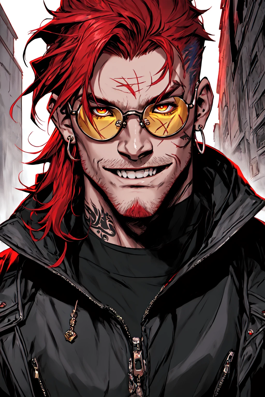 masterpiece, best quality, 1boy, bespectacled, red hair, bracelet, cbxzz, facial hair, fingernails, glasses, goggles, grin, jacket, jewelry, looking at viewer, male focus, solo, solo focus, mole, piercing, red eyes, scar, outdoors, tattoo, yellow eyes <lora:Ceberus_OC_Lora_for_SD_1.5:0.8>