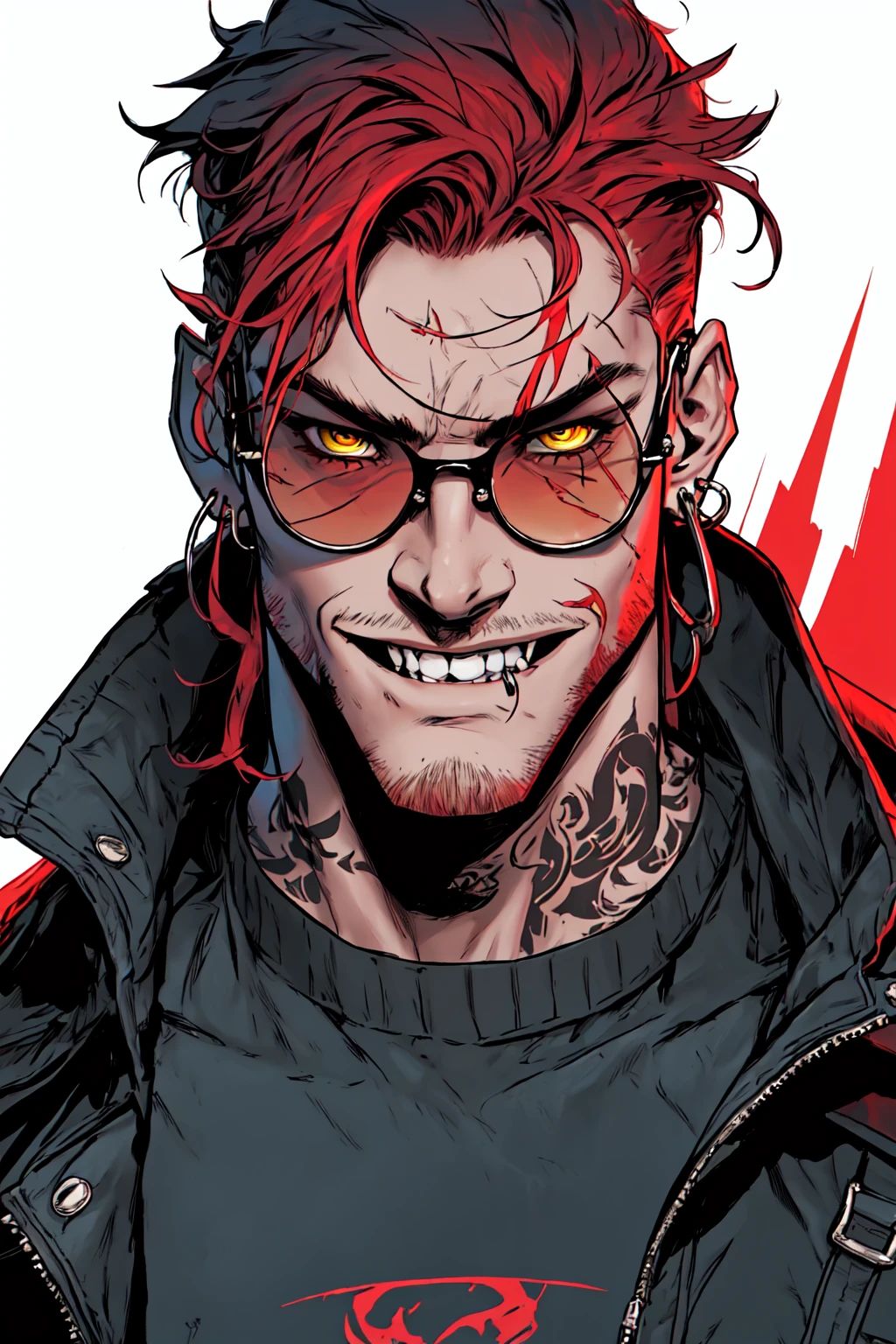 masterpiece, best quality, 1boy, bespectacled, red hair, bracelet, cbxzz, facial hair, fingernails, glasses, goggles, grin, jacket, jewelry, looking at viewer, male focus, solo, solo focus, mole, piercing, red eyes, scar, simple background, tattoo, yellow eyes <lora:Ceberus_OC_Lora_for_SD_1.5:0.8>