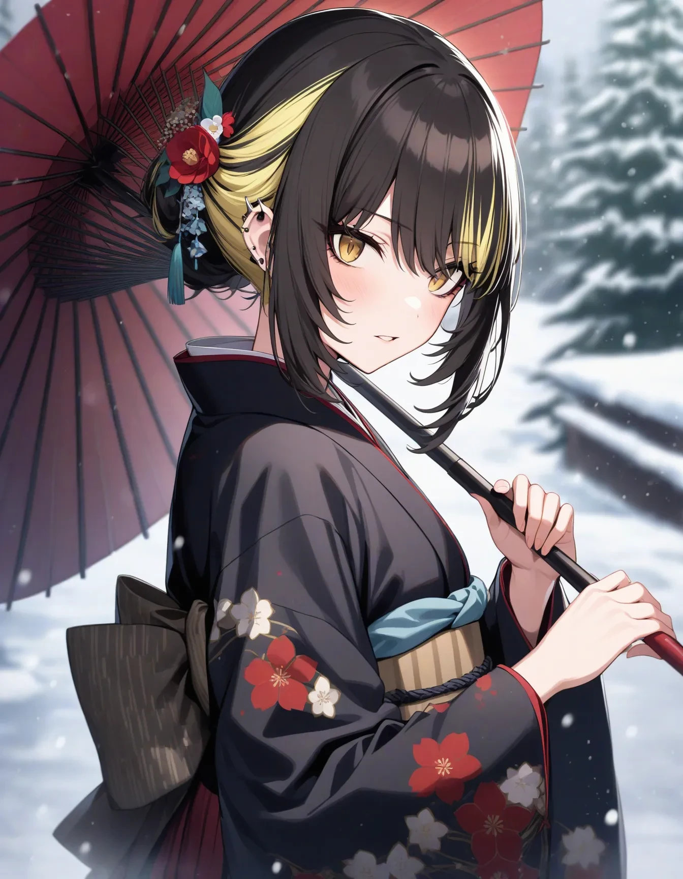 l_ikaruga, 1girl, solo, (short hair:1.1), twist updo, japanese clothes, kimono, black kimono, black hair, snowing, holding, hair ornament, oil-paper umbrella, multicolored hair, looking at viewer, sash, hair flower, snow, parted lips, piercing, ear piercing, yellow eyes, holding umbrella, flower, bangs, obi, outdoors, blonde hair, streaked hair, frills, long sleeves, sidelocks, wide sleeves, upper body, bow, hair between eyes, winter, tree, floral print, blurry, print kimono, back bow, blush, red flower, two-tone hair, blurry background depth of field, bokeh
masterpiece, best quality, very aesthetic, absurdres
<lora:a31_l_ikarugaXL:1>